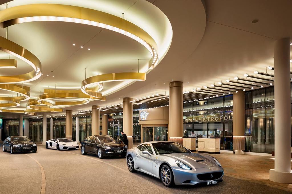 Luxury hotel exterior with modern lighting