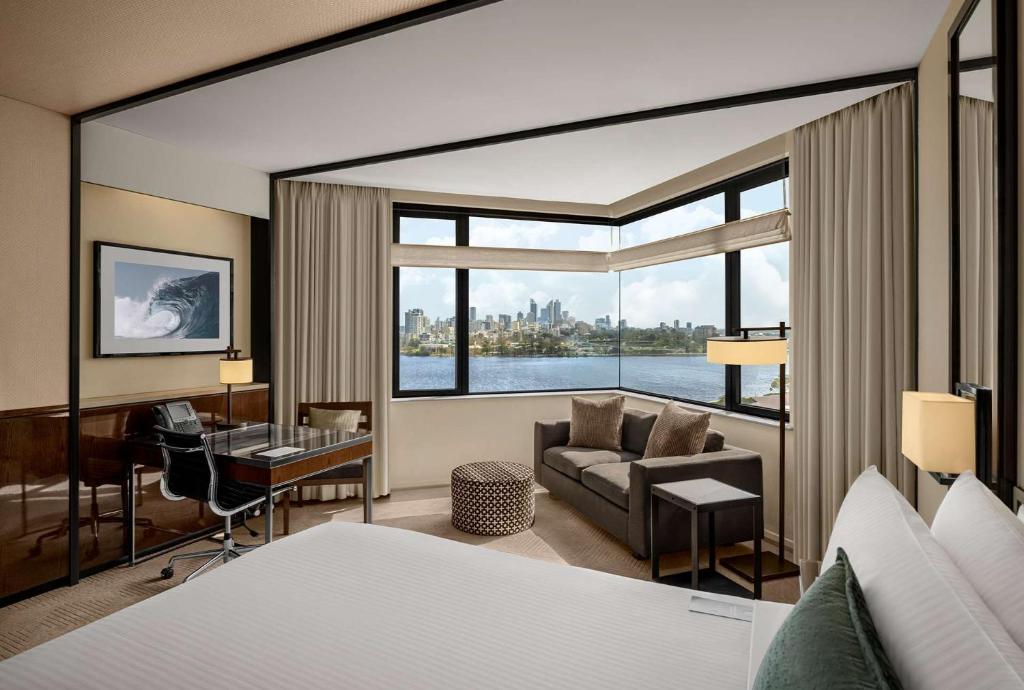 Spacious suite with lounge area and city style